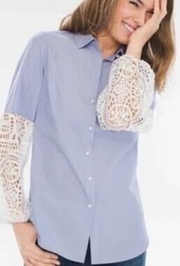 Chico's Blouse Blue Micro Stripe White Crochet Lace Sleeve Cottagecore Boho L